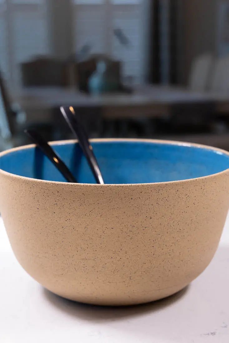 Bowl #08 Speckled Buff Stoneware Mediterranean Blue Interior Serving Bowl (Big Bowl Series) - Dan Pearce Ceramics