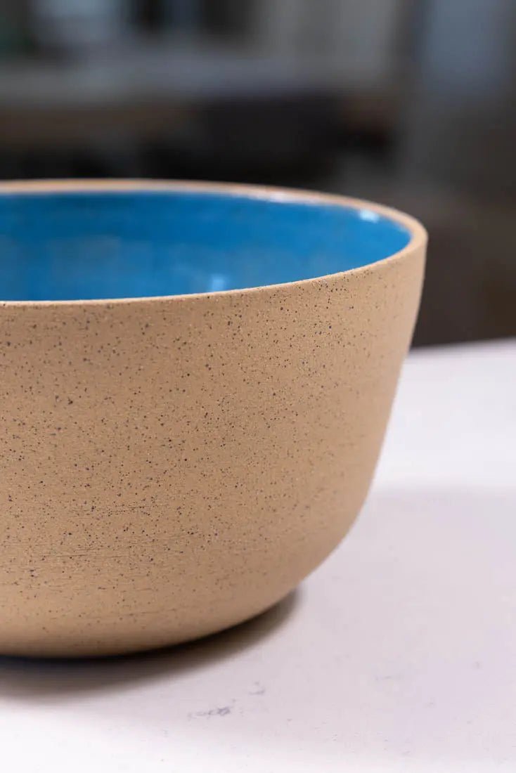 Bowl #08 Speckled Buff Stoneware Mediterranean Blue Interior Serving Bowl (Big Bowl Series) - Dan Pearce Ceramics