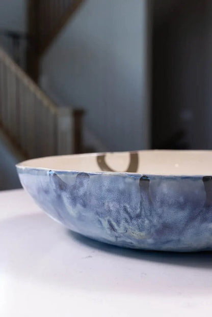 Bowl #18 XXL Stoneware Ringed Interior Flowy Blues Exterior (Big Bowl Series) - Dan Pearce Ceramics