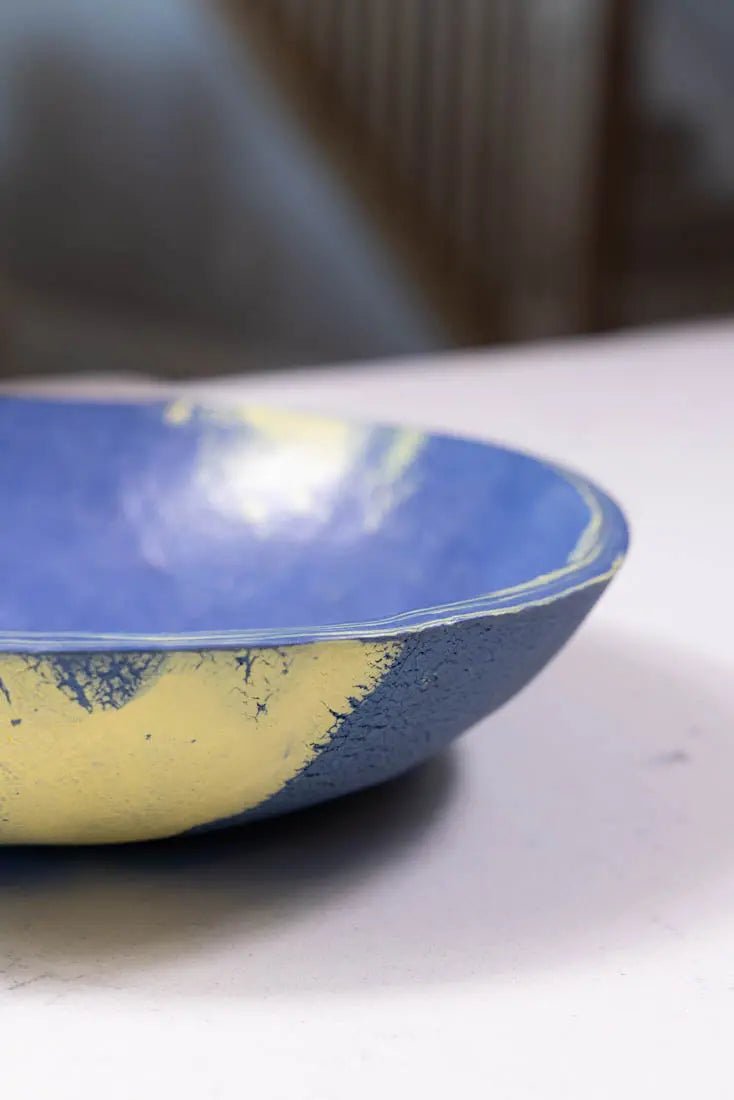 Bowl #21 Large Porcelain Nerikomi Navy Blue & Yellow Serving Bowl (Big Bowl Series) - Dan Pearce Ceramics