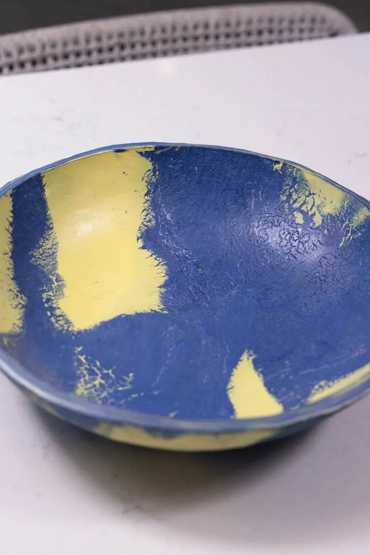 Bowl #21 Large Porcelain Nerikomi Navy Blue & Yellow Serving Bowl (Big Bowl Series) - Dan Pearce Ceramics