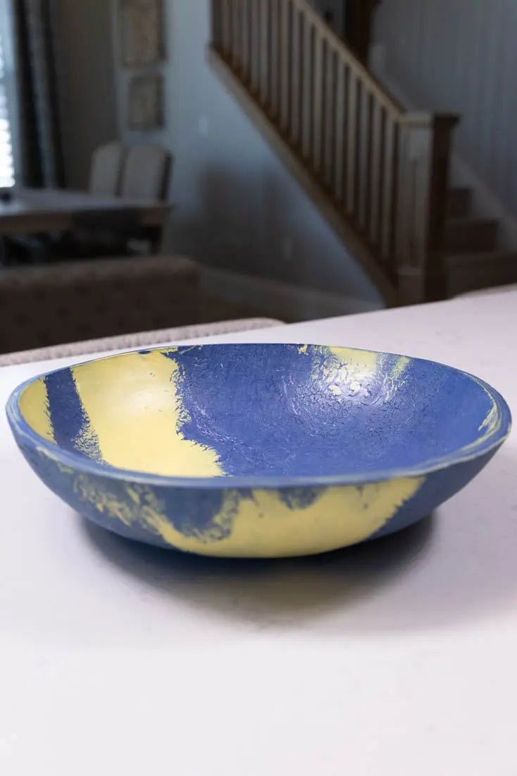 Bowl #21 Large Porcelain Nerikomi Navy Blue & Yellow Serving Bowl (Big Bowl Series) - Dan Pearce Ceramics