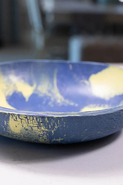 Bowl #21 Large Porcelain Nerikomi Navy Blue & Yellow Serving Bowl (Big Bowl Series) - Dan Pearce Ceramics