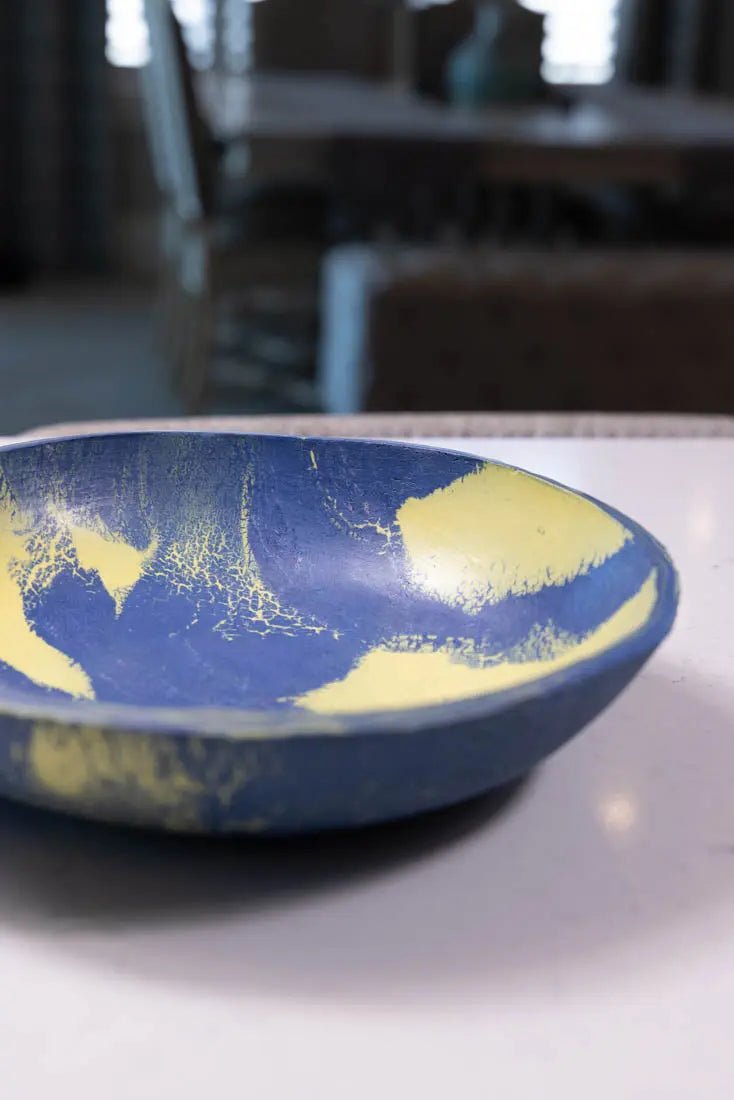 Bowl #21 Large Porcelain Nerikomi Navy Blue & Yellow Serving Bowl (Big Bowl Series) - Dan Pearce Ceramics