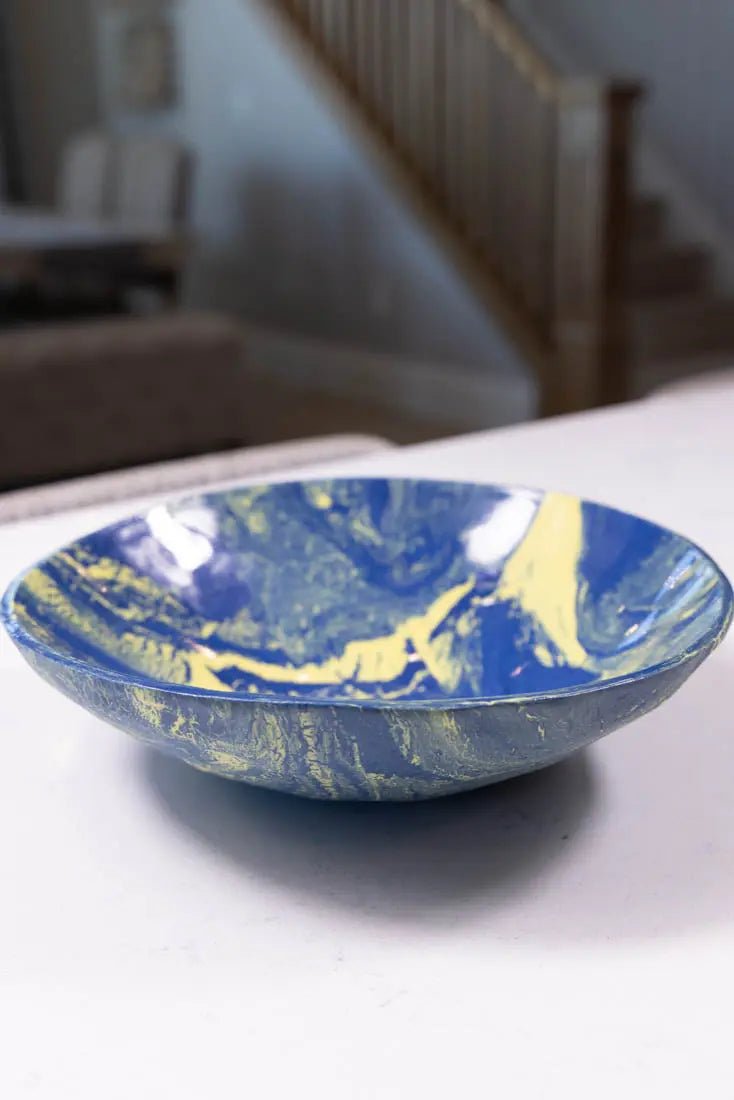 Bowl #22 Large Porcelain Nerikomi Navy Blue & Yellow Serving Bowl (Big Bowl Series) - Dan Pearce Ceramics