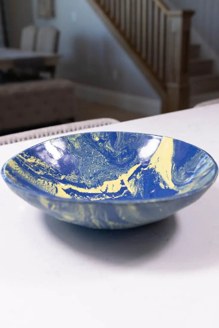 Bowl #22 Large Porcelain Nerikomi Navy Blue & Yellow Serving Bowl (Big Bowl Series) - Dan Pearce Ceramics