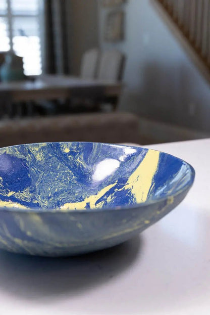 Bowl #22 Large Porcelain Nerikomi Navy Blue & Yellow Serving Bowl (Big Bowl Series) - Dan Pearce Ceramics