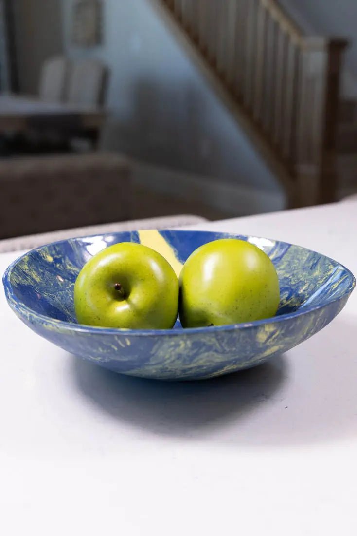 Bowl #22 Large Porcelain Nerikomi Navy Blue & Yellow Serving Bowl (Big Bowl Series) - Dan Pearce Ceramics