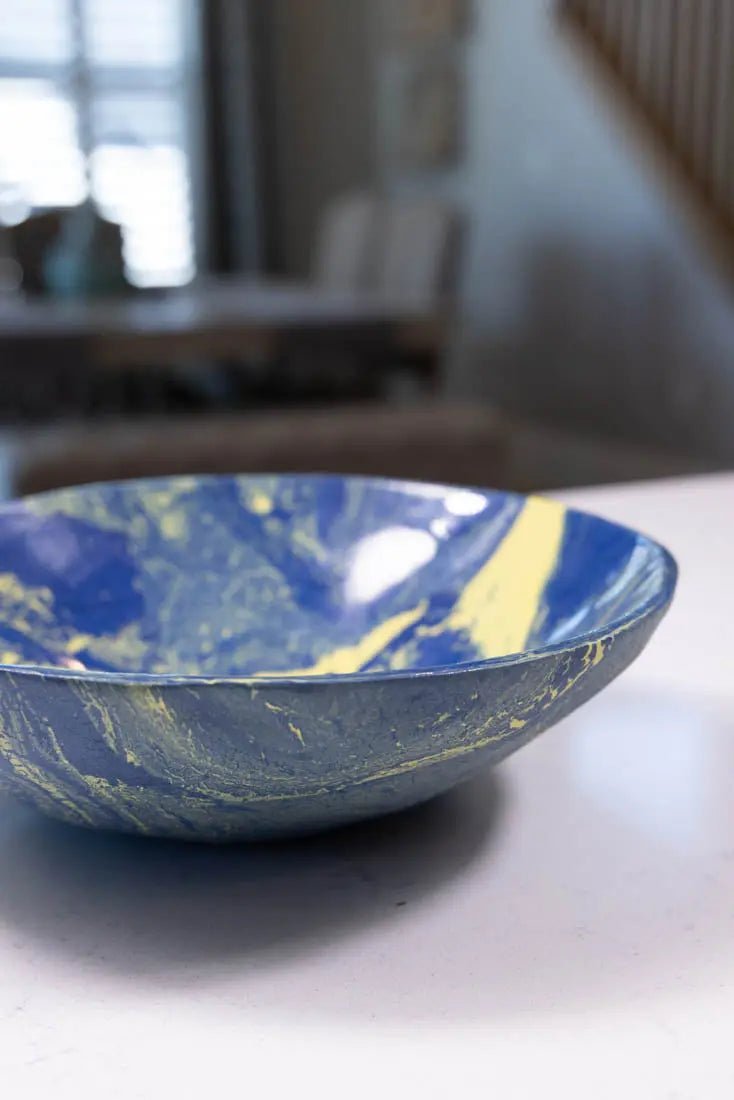 Bowl #22 Large Porcelain Nerikomi Navy Blue & Yellow Serving Bowl (Big Bowl Series) - Dan Pearce Ceramics