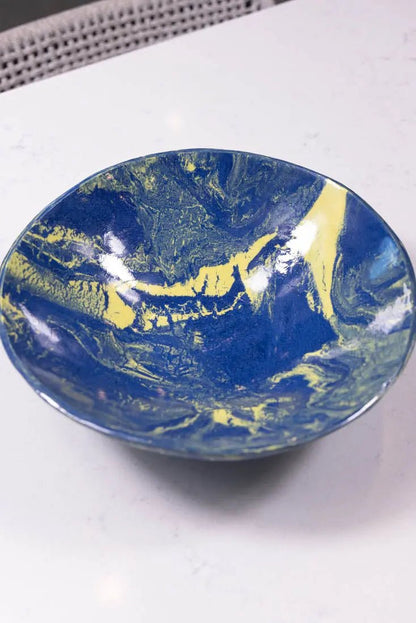 Bowl #22 Large Porcelain Nerikomi Navy Blue & Yellow Serving Bowl (Big Bowl Series) - Dan Pearce Ceramics