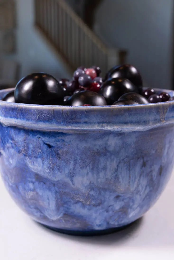 Bowl #26 XXL Stoneware Blue & Cream Blasts & Drizzle Serving Bowl (Big Bowl Series) - Dan Pearce Ceramics