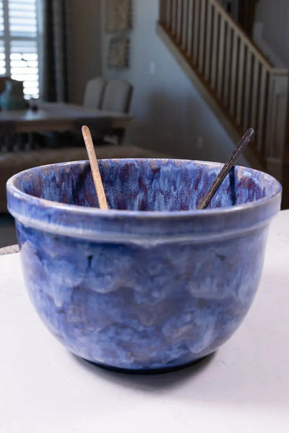 Bowl #26 XXL Stoneware Blue & Cream Blasts & Drizzle Serving Bowl (Big Bowl Series) - Dan Pearce Ceramics