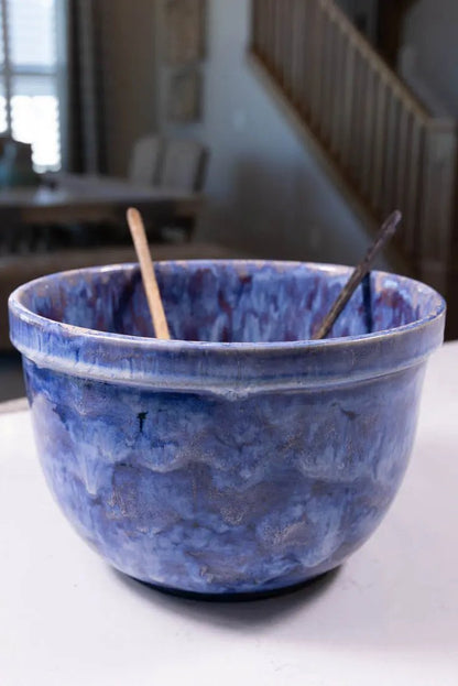 Bowl #26 XXL Stoneware Blue & Cream Blasts & Drizzle Serving Bowl (Big Bowl Series) - Dan Pearce Ceramics