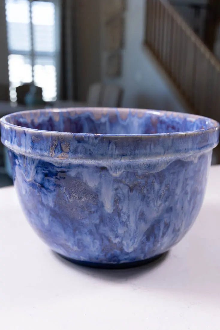 Bowl #26 XXL Stoneware Blue & Cream Blasts & Drizzle Serving Bowl (Big Bowl Series) - Dan Pearce Ceramics