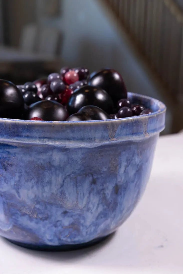 Bowl #26 XXL Stoneware Blue & Cream Blasts & Drizzle Serving Bowl (Big Bowl Series) - Dan Pearce Ceramics