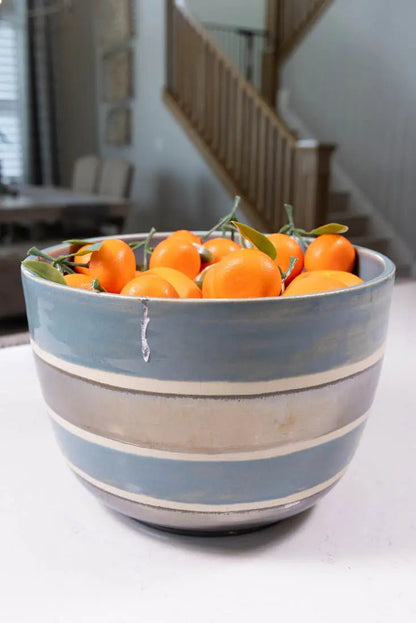 Bowl #42 XXL/Tall Stoneware Kintsugi Earthy Blue & Reflective Palladium Striped Serving Bowl (Big Bowl Series) - Dan Pearce Ceramics