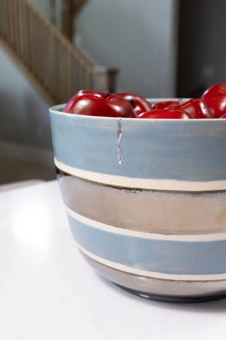 Bowl #42 XXL/Tall Stoneware Kintsugi Earthy Blue & Reflective Palladium Striped Serving Bowl (Big Bowl Series) - Dan Pearce Ceramics