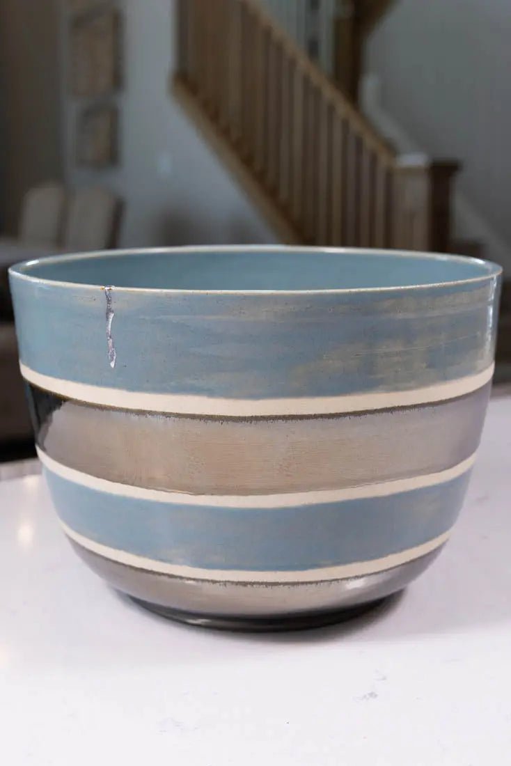 Bowl #42 XXL/Tall Stoneware Kintsugi Earthy Blue & Reflective Palladium Striped Serving Bowl (Big Bowl Series) - Dan Pearce Ceramics