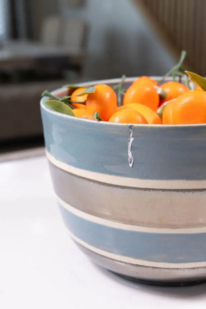 Bowl #42 XXL/Tall Stoneware Kintsugi Earthy Blue & Reflective Palladium Striped Serving Bowl (Big Bowl Series) - Dan Pearce Ceramics