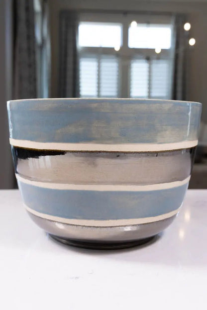 Bowl #42 XXL/Tall Stoneware Kintsugi Earthy Blue & Reflective Palladium Striped Serving Bowl (Big Bowl Series) - Dan Pearce Ceramics