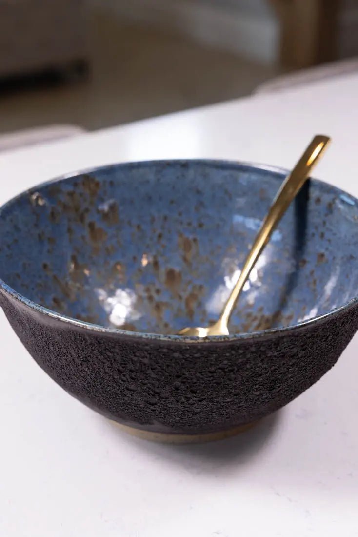 Bowl #43 XL Stoneware Magma Exterior Blue/Black Spotted Interior (Big Bowl Series) - Dan Pearce Ceramics