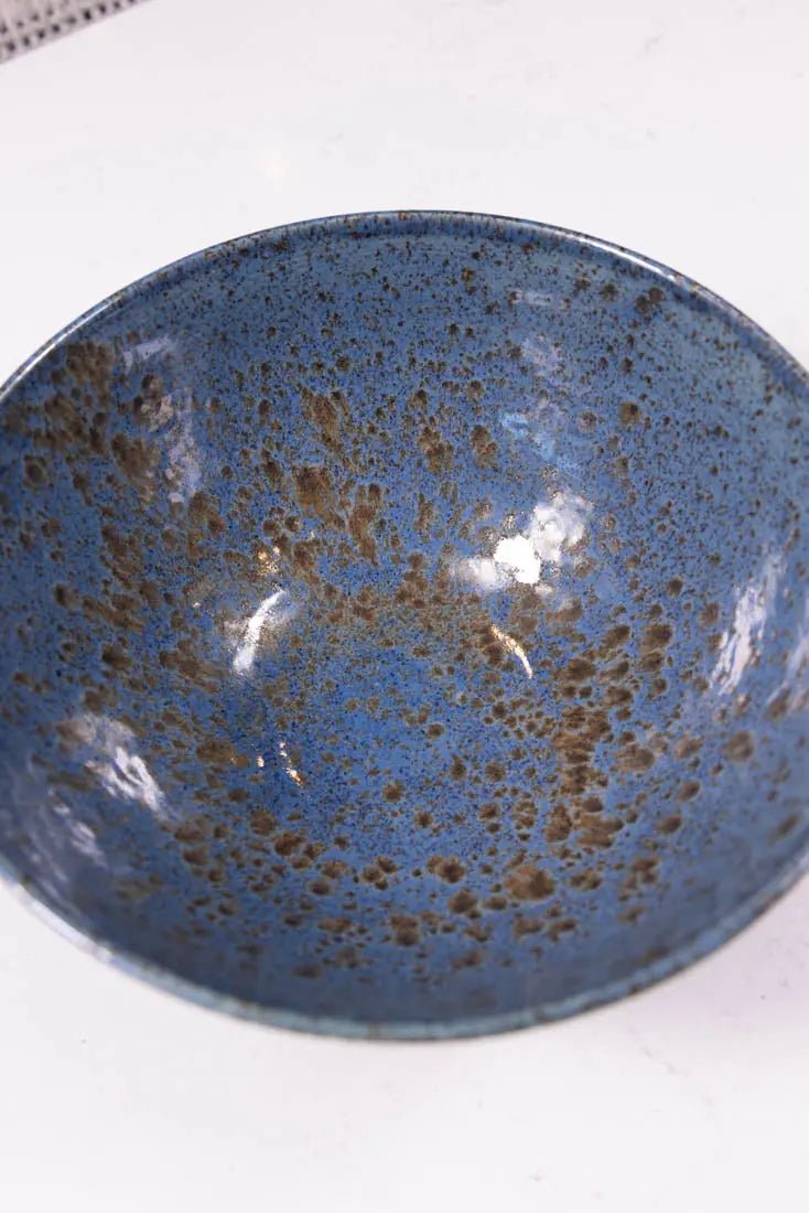 Bowl #43 XL Stoneware Magma Exterior Blue/Black Spotted Interior (Big Bowl Series) - Dan Pearce Ceramics