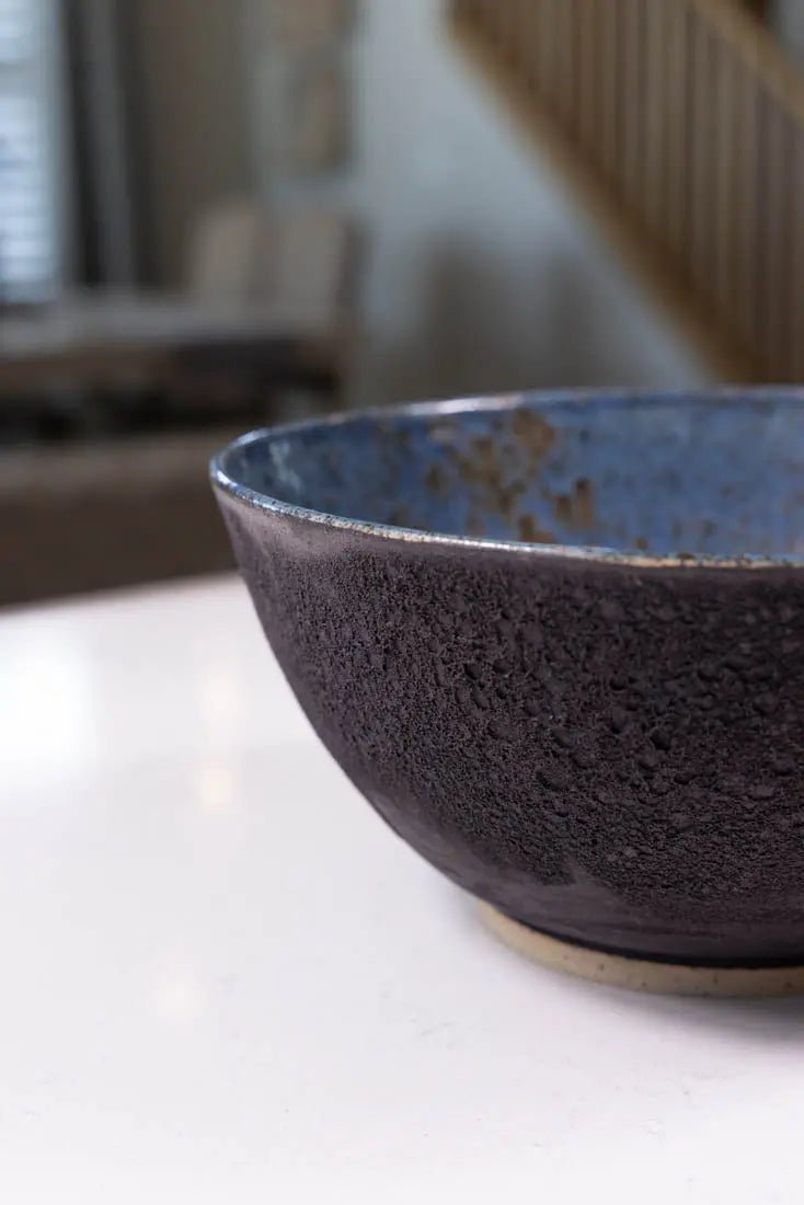 Bowl #43 XL Stoneware Magma Exterior Blue/Black Spotted Interior (Big Bowl Series) - Dan Pearce Ceramics