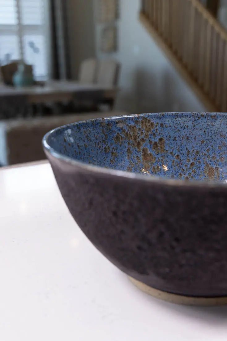 Bowl #43 XL Stoneware Magma Exterior Blue/Black Spotted Interior (Big Bowl Series) - Dan Pearce Ceramics