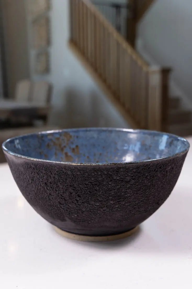 Bowl #43 XL Stoneware Magma Exterior Blue/Black Spotted Interior (Big Bowl Series) - Dan Pearce Ceramics