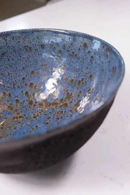 Bowl #43 XL Stoneware Magma Exterior Blue/Black Spotted Interior (Big Bowl Series) - Dan Pearce Ceramics