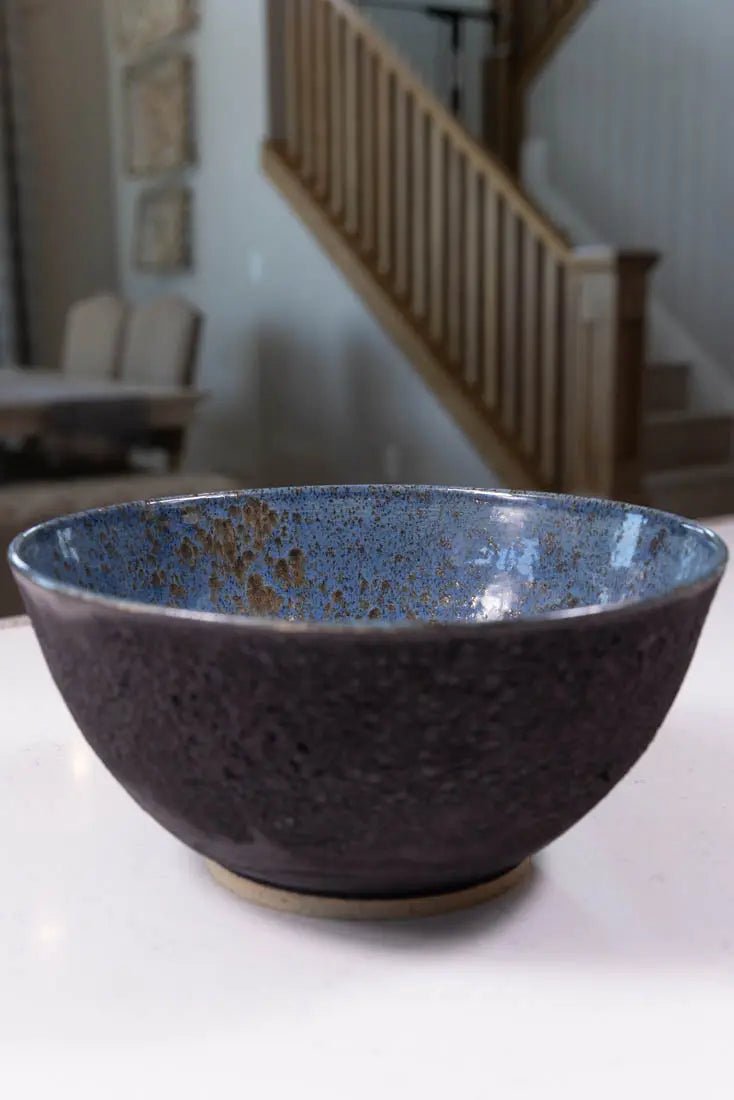 Bowl #43 XL Stoneware Magma Exterior Blue/Black Spotted Interior (Big Bowl Series) - Dan Pearce Ceramics