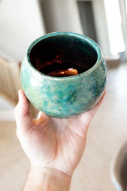 Contemporary Raku Bowl/Pot: Turquoise Exterior, Colorful Metallic Interior - Dan Pearce Ceramics