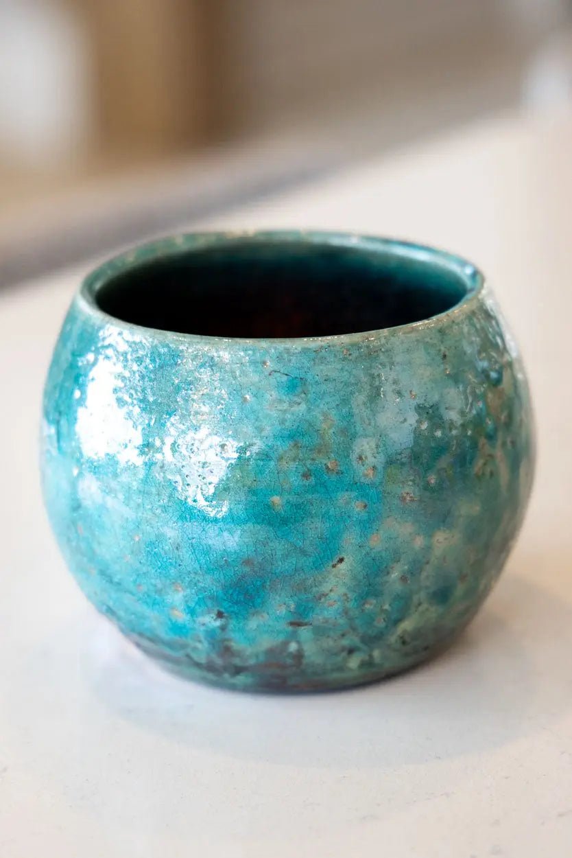 Contemporary Raku Bowl/Pot: Turquoise Exterior, Colorful Metallic Interior - Dan Pearce Ceramics