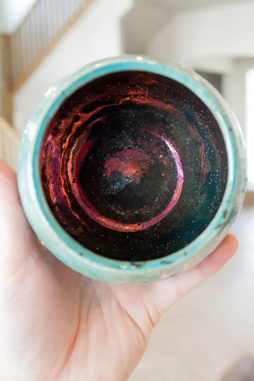 Contemporary Raku Bowl/Pot: Turquoise Exterior, Colorful Metallic Interior - Dan Pearce Ceramics