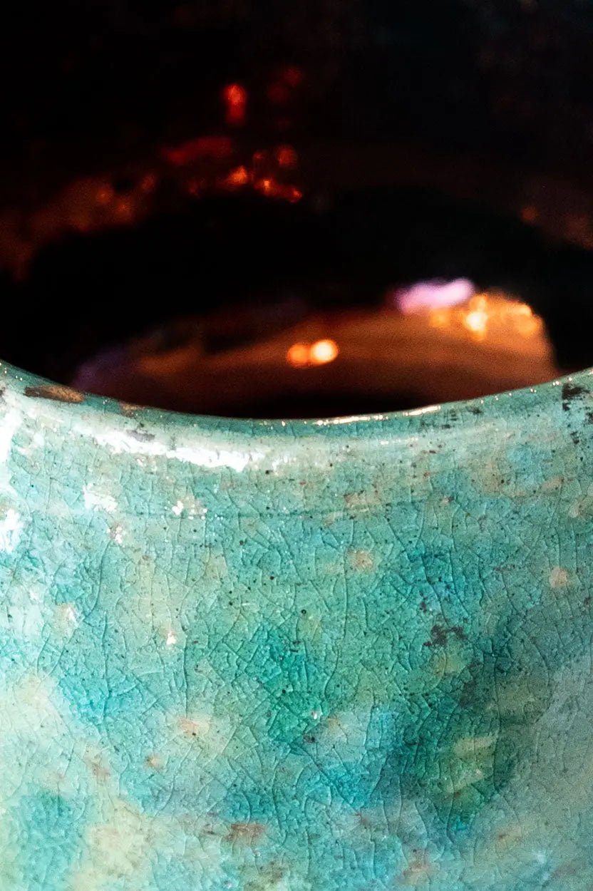 Contemporary Raku Bowl/Pot: Turquoise Exterior, Colorful Metallic Interior - Dan Pearce Ceramics