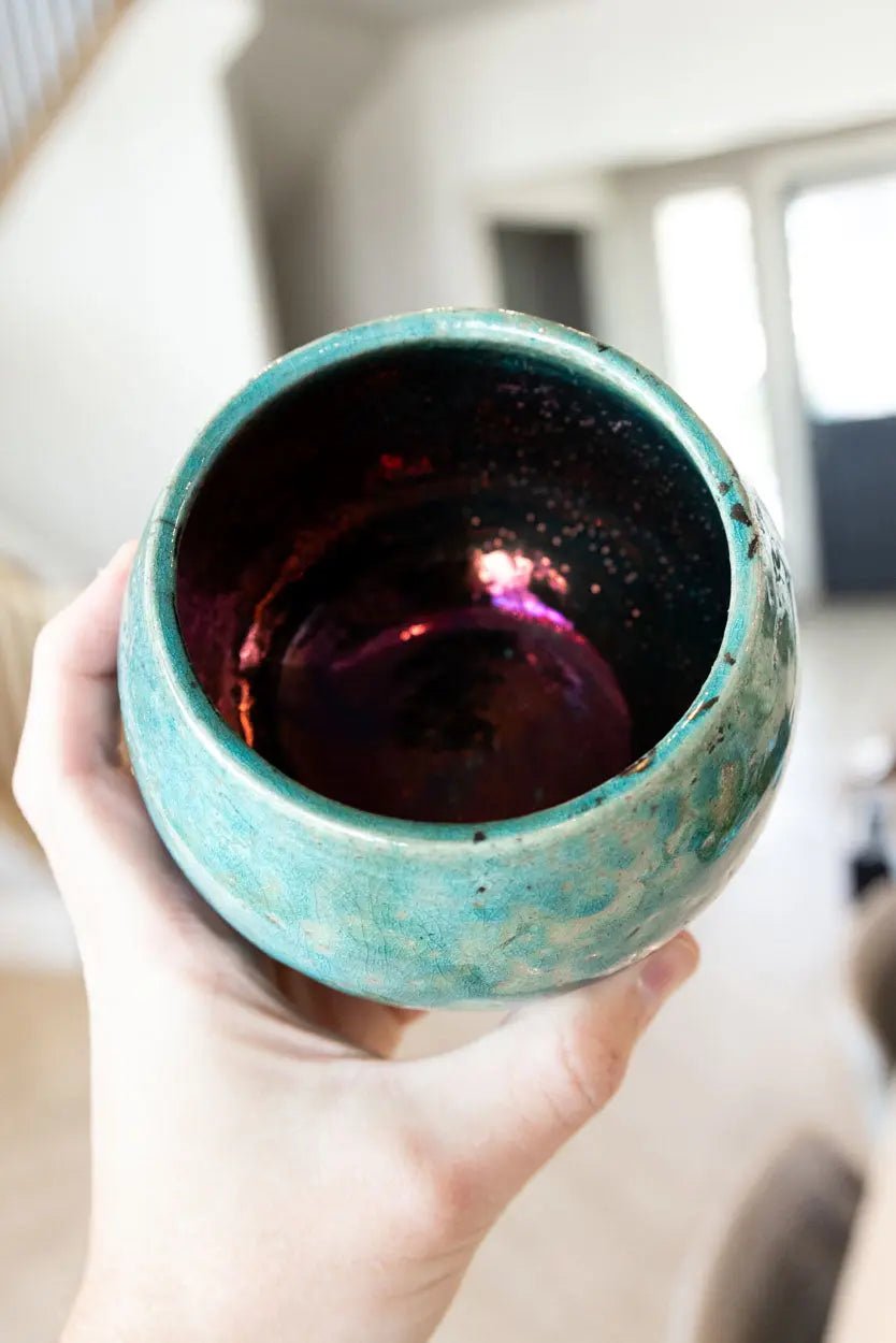 Contemporary Raku Bowl/Pot: Turquoise Exterior, Colorful Metallic Interior - Dan Pearce Ceramics