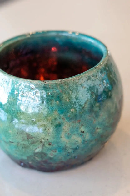 Contemporary Raku Bowl/Pot: Turquoise Exterior, Colorful Metallic Interior - Dan Pearce Ceramics