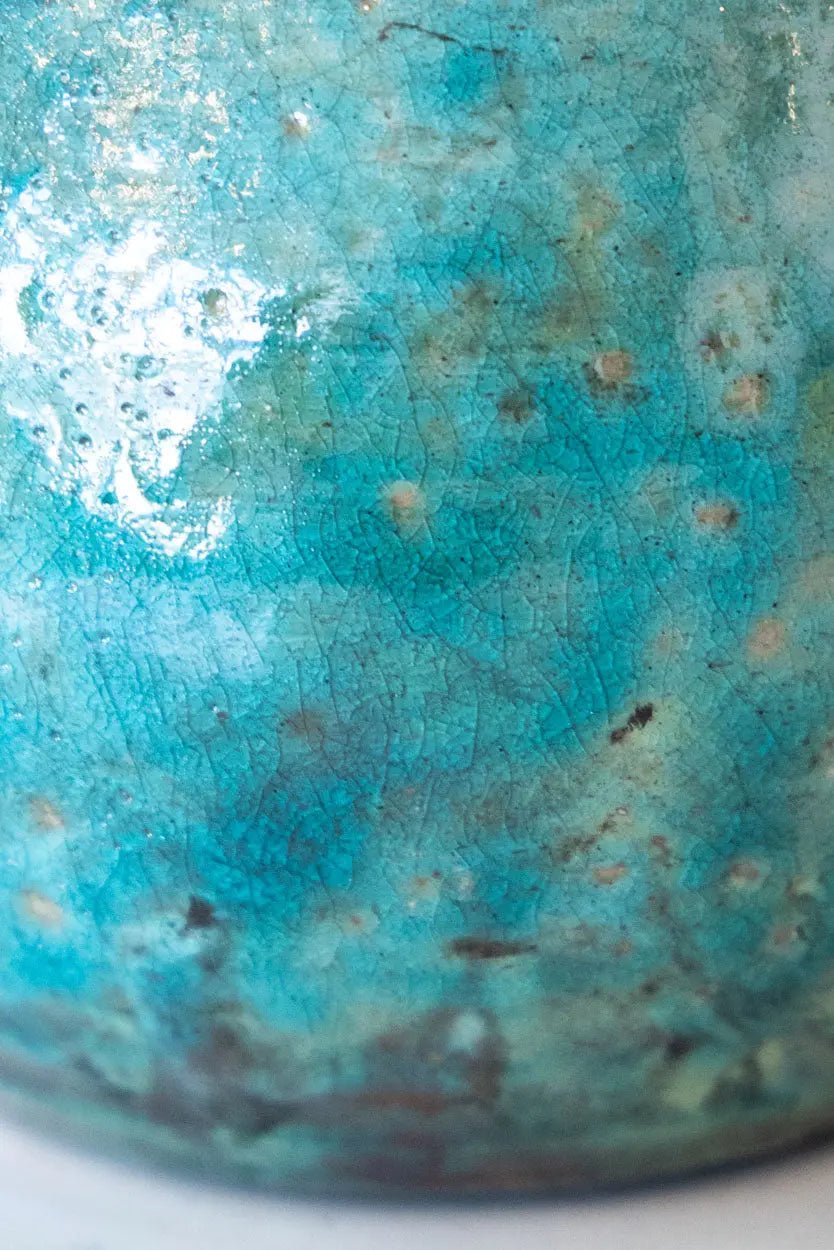 Contemporary Raku Bowl/Pot: Turquoise Exterior, Colorful Metallic Interior - Dan Pearce Ceramics