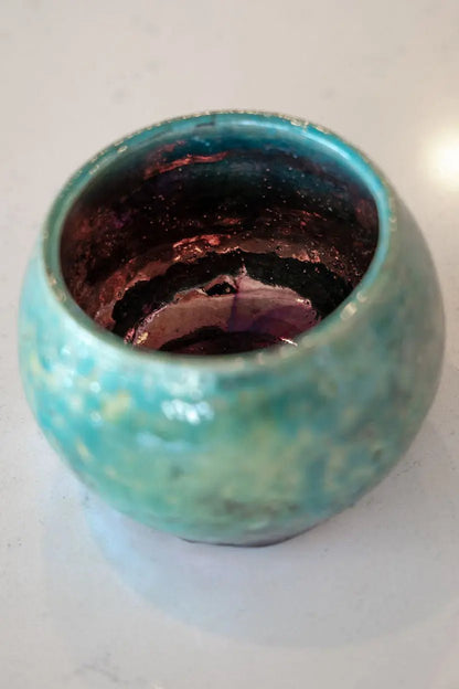 Contemporary Raku Bowl/Pot: Turquoise Exterior, Colorful Metallic Interior - Dan Pearce Ceramics