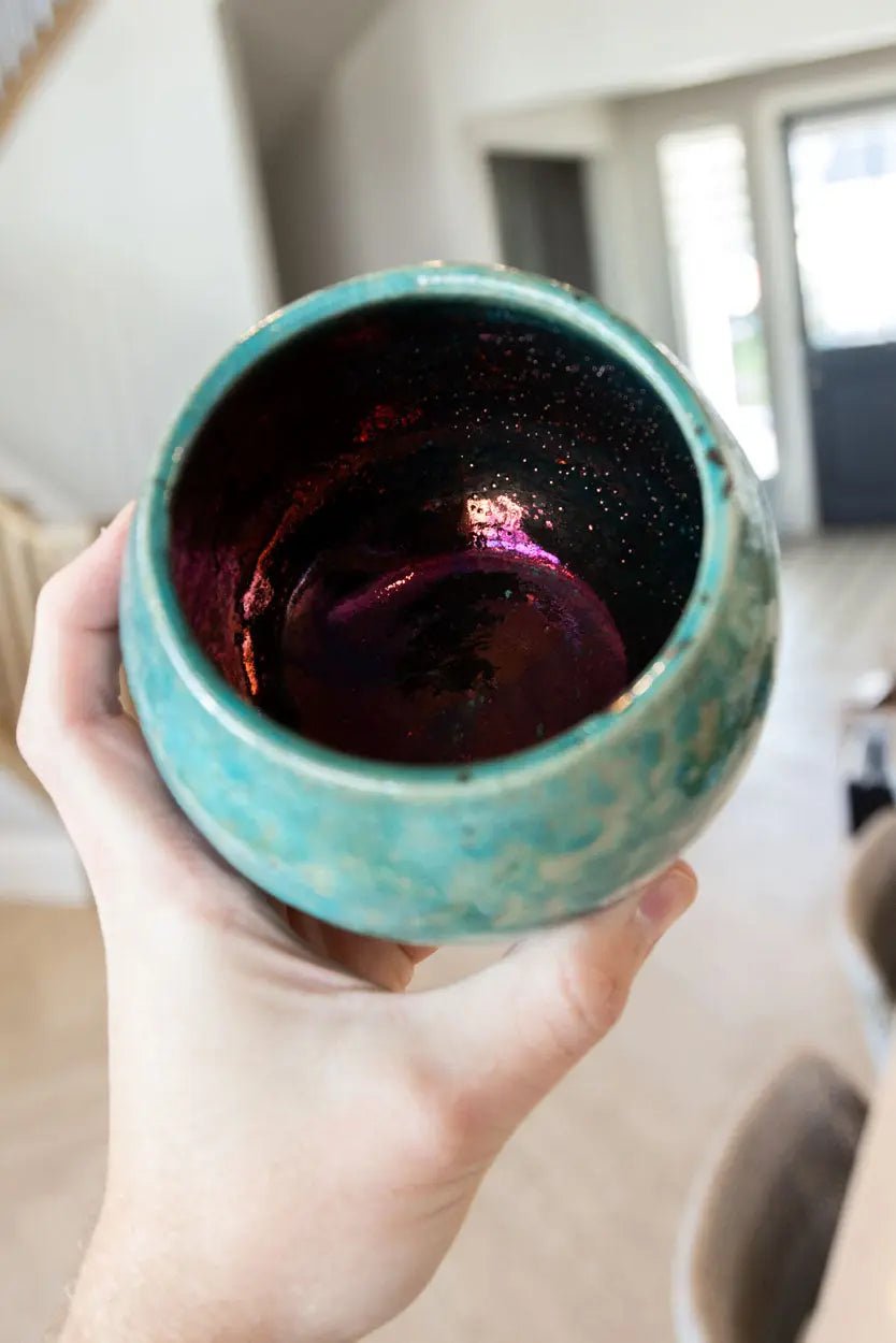 Contemporary Raku Bowl/Pot: Turquoise Exterior, Colorful Metallic Interior - Dan Pearce Ceramics