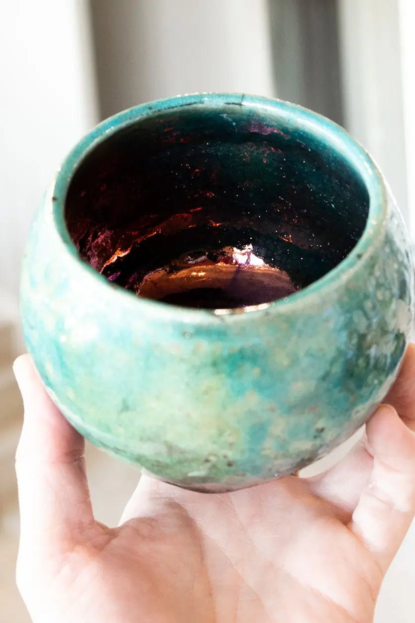 Contemporary Raku Bowl/Pot: Turquoise Exterior, Colorful Metallic Interior - Dan Pearce Ceramics