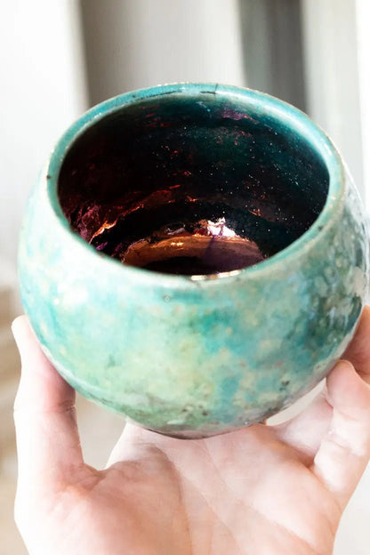 Contemporary Raku Bowl/Pot: Turquoise Exterior, Colorful Metallic Interior - Dan Pearce Ceramics