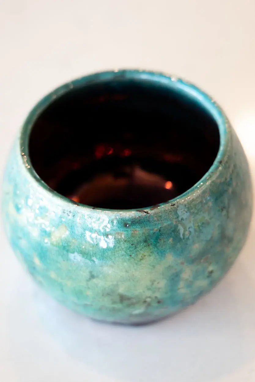 Contemporary Raku Bowl/Pot: Turquoise Exterior, Colorful Metallic Interior - Dan Pearce Ceramics