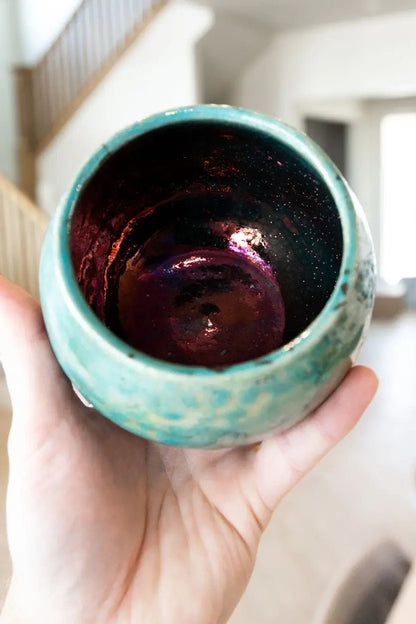 Contemporary Raku Bowl/Pot: Turquoise Exterior, Colorful Metallic Interior - Dan Pearce Ceramics