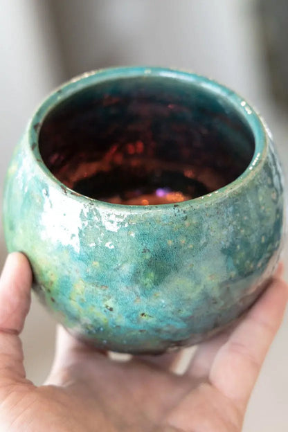 Contemporary Raku Bowl/Pot: Turquoise Exterior, Colorful Metallic Interior - Dan Pearce Ceramics