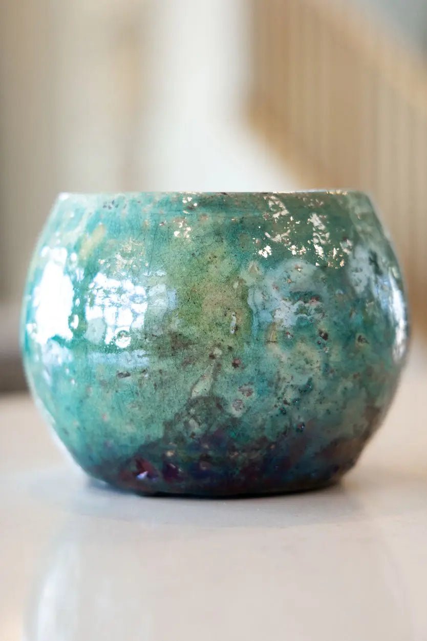 Contemporary Raku Bowl/Pot: Turquoise Exterior, Colorful Metallic Interior - Dan Pearce Ceramics