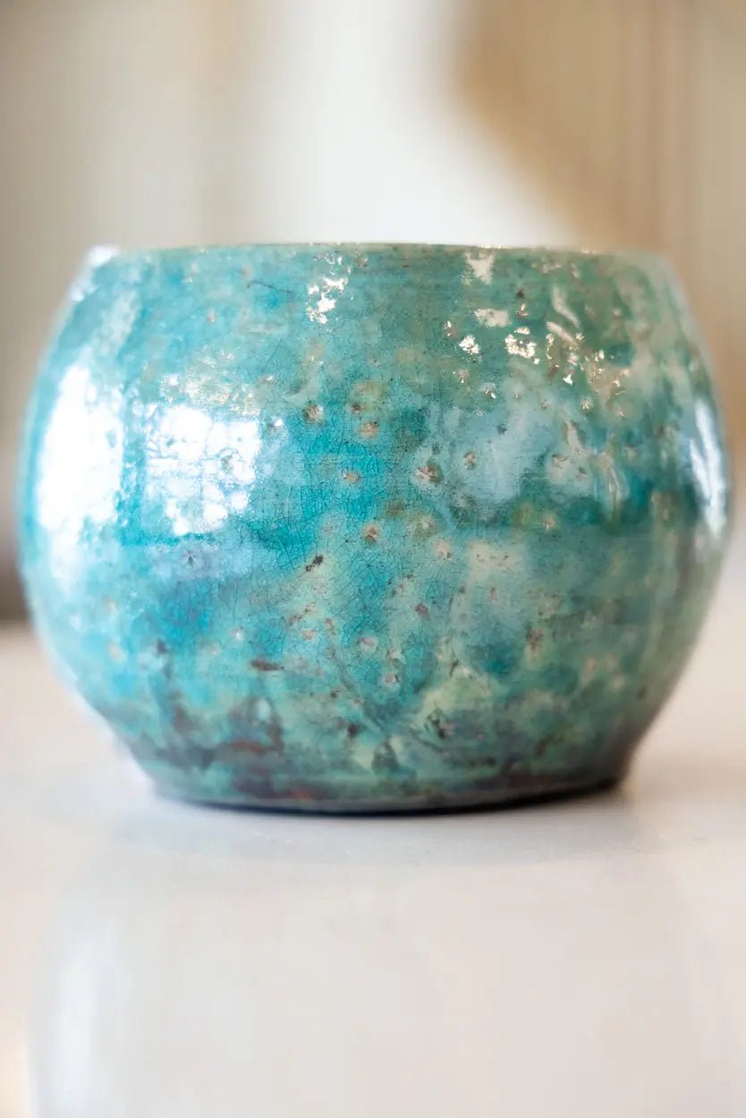 Contemporary Raku Bowl/Pot: Turquoise Exterior, Colorful Metallic Interior - Dan Pearce Ceramics