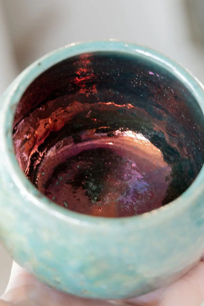 Contemporary Raku Bowl/Pot: Turquoise Exterior, Colorful Metallic Interior - Dan Pearce Ceramics