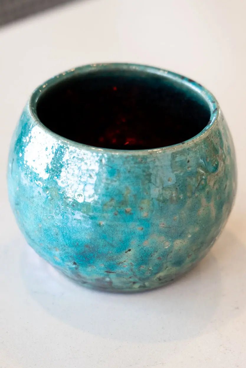 Contemporary Raku Bowl/Pot: Turquoise Exterior, Colorful Metallic Interior - Dan Pearce Ceramics