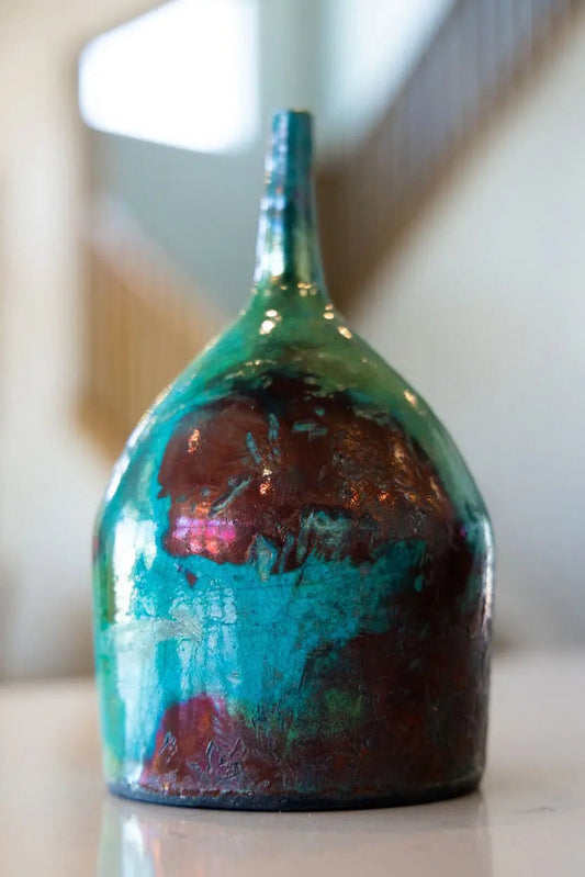 Contemporary Skinny - Neck Pot: Turquoise & Red Copper - Dan Pearce Ceramics